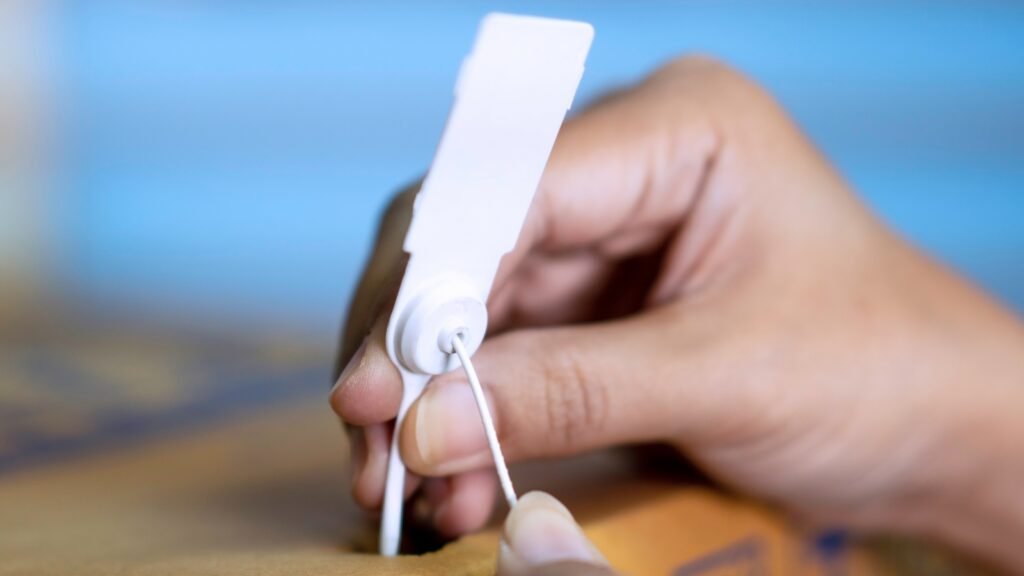 A cutaway view of a fixed-length seal showing the male plug part just before it clicks into the female receptacle part with internal locking tabs visible.