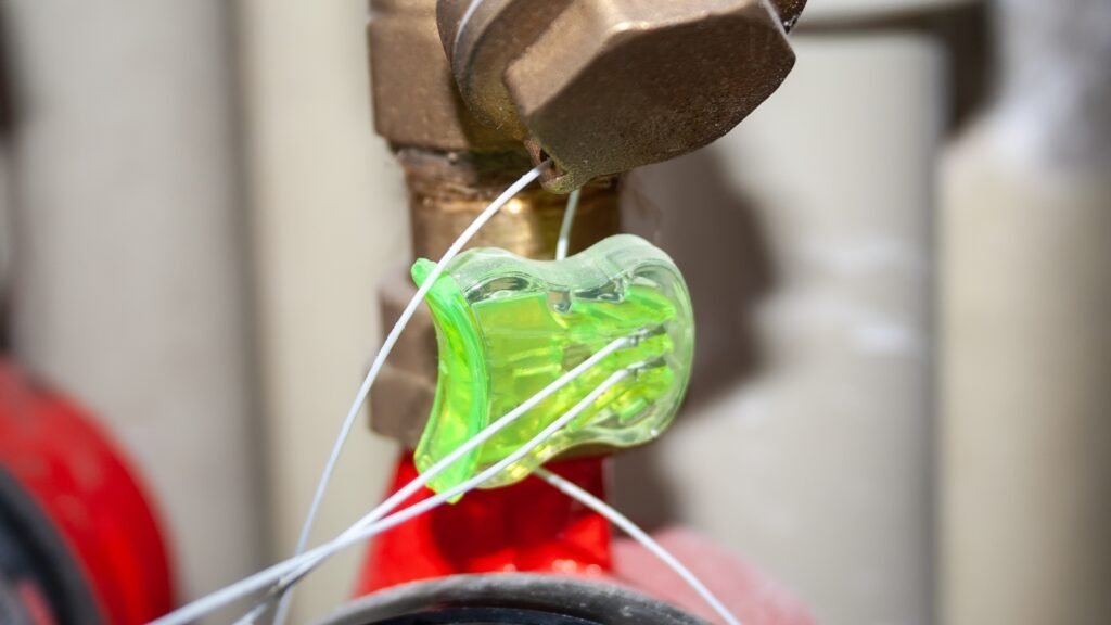 Green plastic seal on the water meter. Closeup view. Blurred background