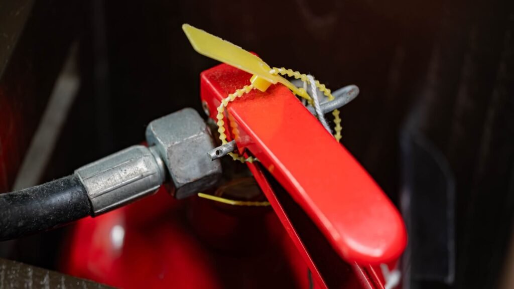 A close-up of a brightly colored plastic indicative seal on a fire extinguisher, showing its slim, easy-to-break design.