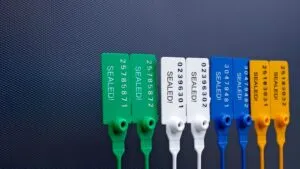 A close-up of plastic seals with custom serial numbers being displayed.
