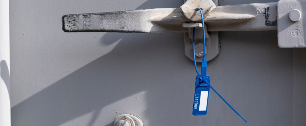 A plastic pull-tight security seal on the door of a modern shipping container.