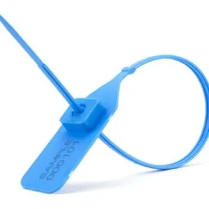 A close-up of a blue variable-length pull-tight plastic security seal.