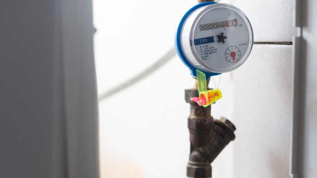 High-Security meter Seal as First Line of Defense A close-up of a robust, brightly colored security seal properly affixed to a water meter's coupling.