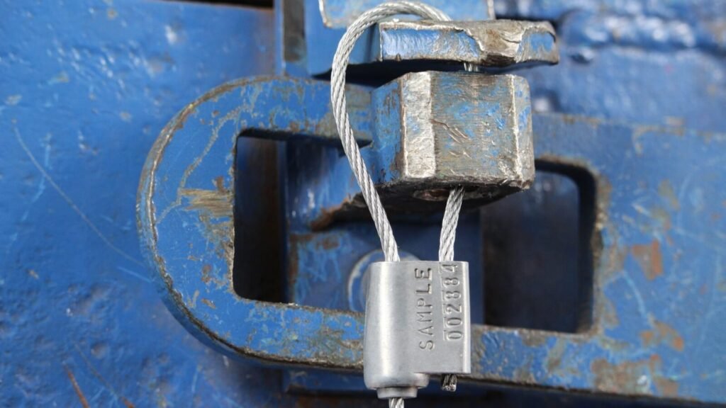 A sturdy metal cable seal securing the doors of a domestic shipping truck