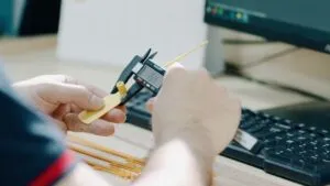 A technician performing a tensile strength test on a custom red plastic security seal.
