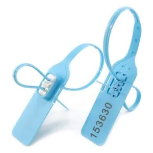 A close-up shot of a standard double-locking plastic security seal.