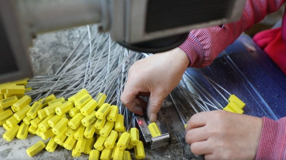 Features of a High-Quality Cable Seal A close-up shot of a high-quality cable seal showing its braided steel cable and laser-engraved serial number.