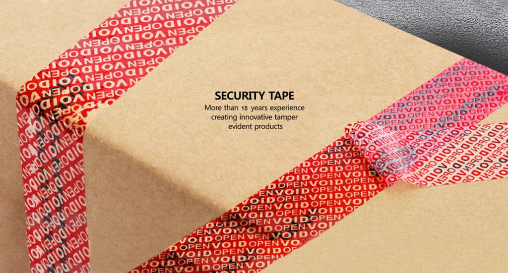 A security tape that has been peeled back from a carton, revealing the hidden "VOID OPENED" message