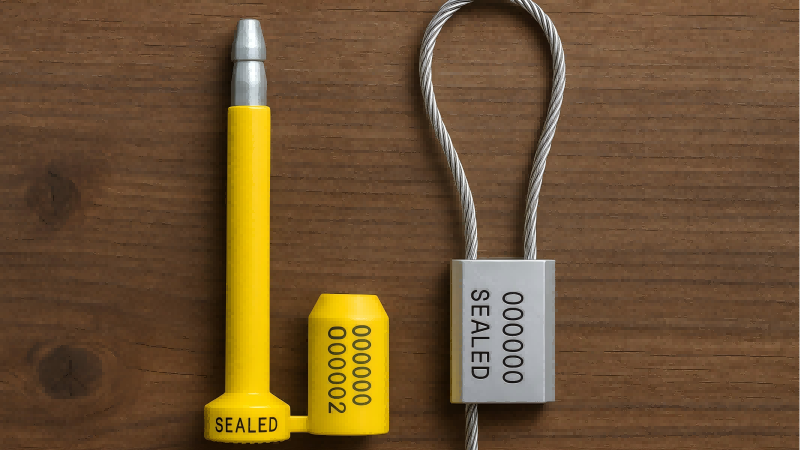 A bolt seal and a cable seal side-by-side on a wooden background