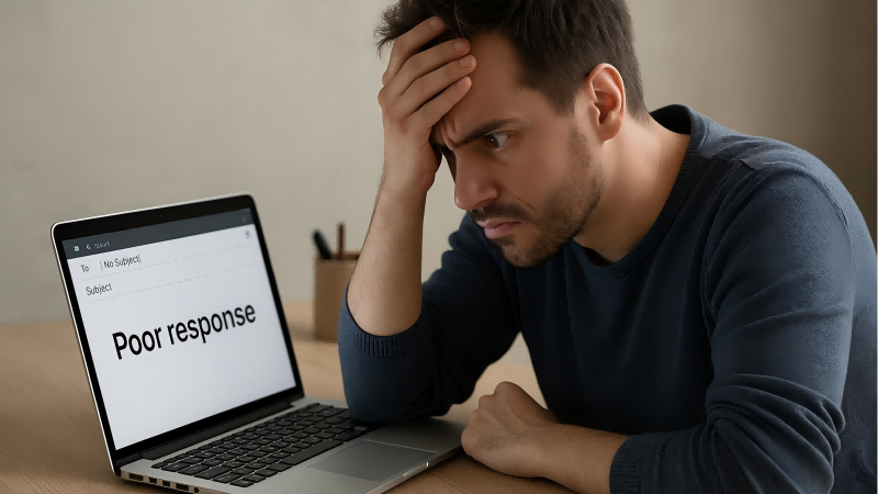 A person looking frustrated at their computer screen after receiving a poor email response