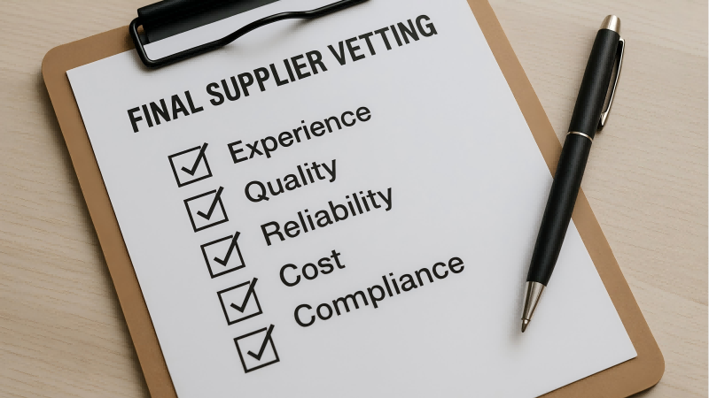 A checklist on a clipboard with a pen, ready for final supplier vetting