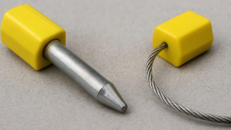 Close-up shot showing the rigid pin of a bolt seal and the flexible wire of a cable seal