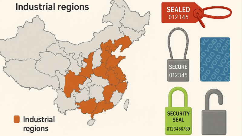 A map of China with industrial regions highlighted, next to different types of security seals
