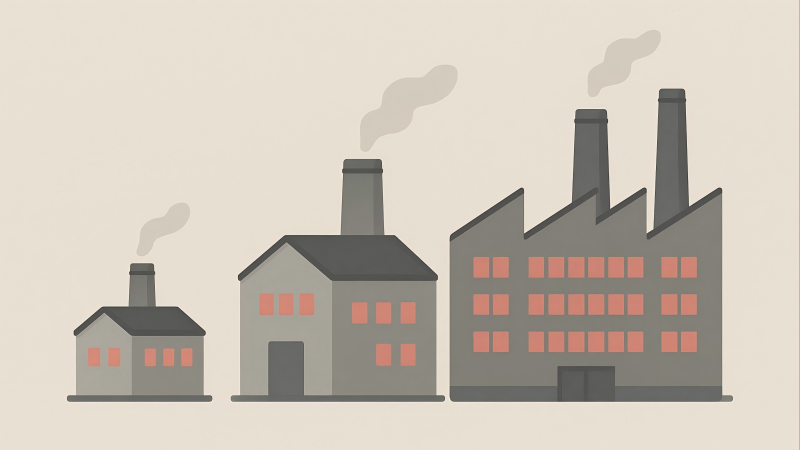 Three factories of different sizes: small, medium, and large