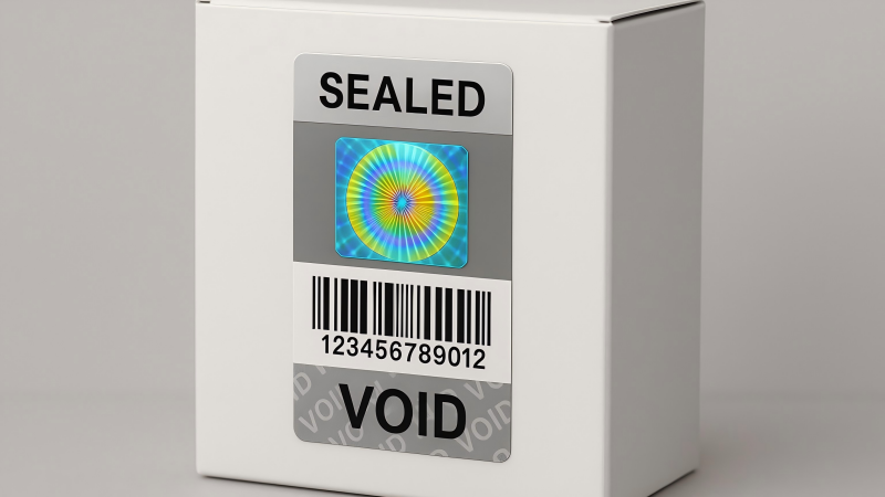 A product with a multi-layered security seal that includes a hologram, a barcode, and a VOID feature.