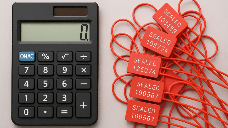 A calculator next to a pile of security seals, symbolizing total cost