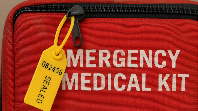 A numbered plastic seal securing an emergency medical kit, where evidence of use is key