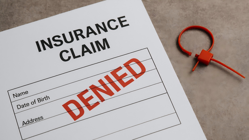 An image of a rejected insurance claim form stamped "DENIED" next to a broken plastic seal