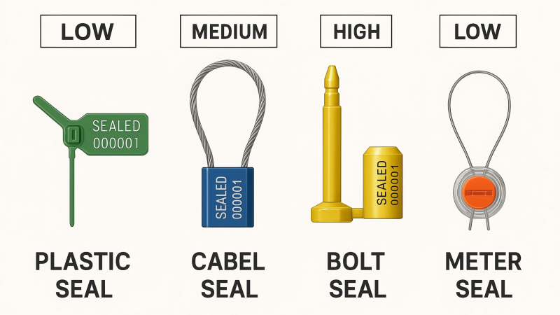  A chart or graphic comparing different seal types: plastic, cable, bolt, meter, with labels indicating their security level