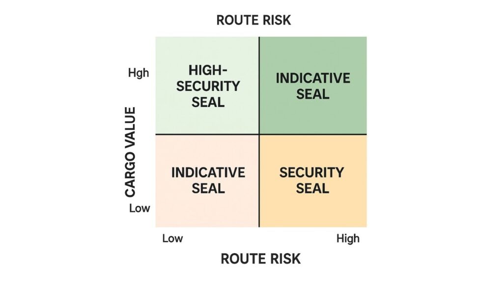 A 2x2 matrix chart showing cargo value and route risk, with the appropriate seal tier recommended in each quadrant