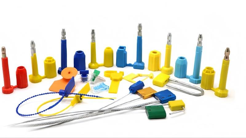 A lineup of security seals from a simple plastic one to a heavy-duty bolt seal, showing the spectrum