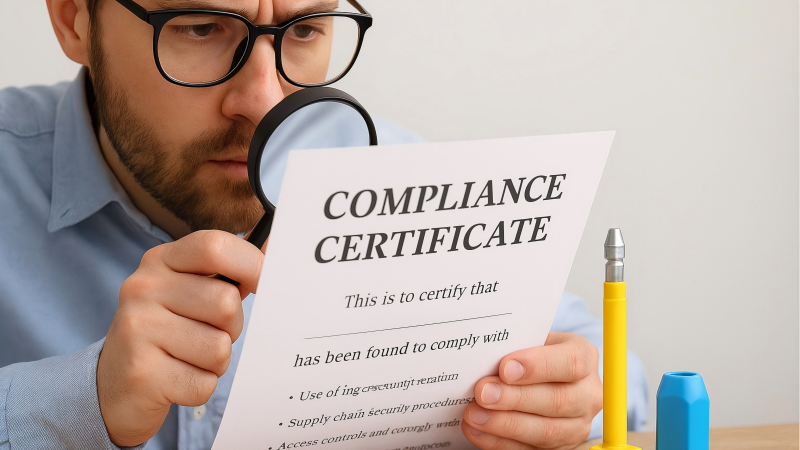 A person carefully reviewing a compliance certificate with a magnifying glass