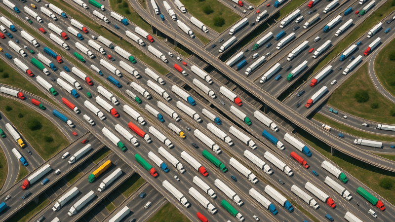 A satellite view of hundreds of trucks moving along various highways, illustrating fleet complexity