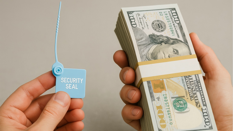 A single security seal held in one hand, with a large stack of money representing a protected shipment in the other.