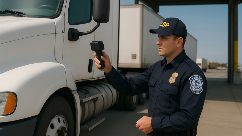 A truck bypassing a long line of vehicles at a customs checkpoint