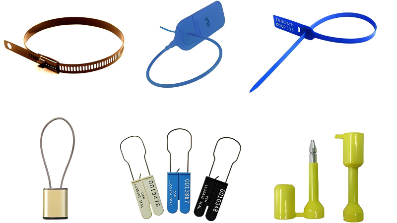 A bolt seal, cable seal, and plastic seal displayed side-by-side for comparison