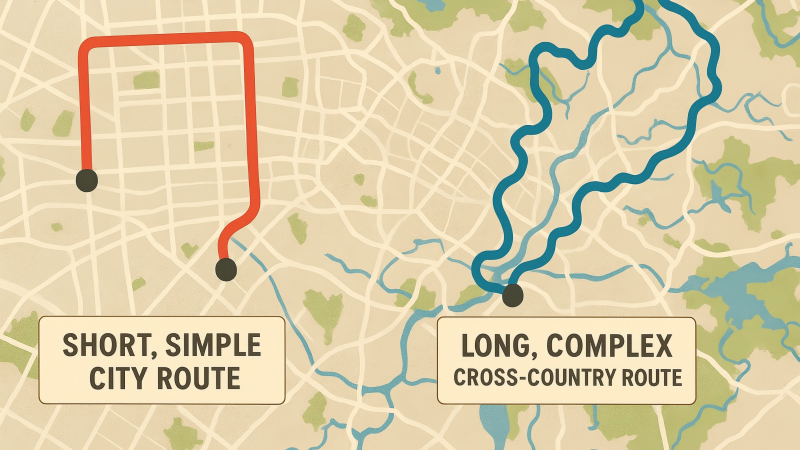  a stylized map showing two routes: a short, simple city route and a long, complex cross-country route, implying different security needs.