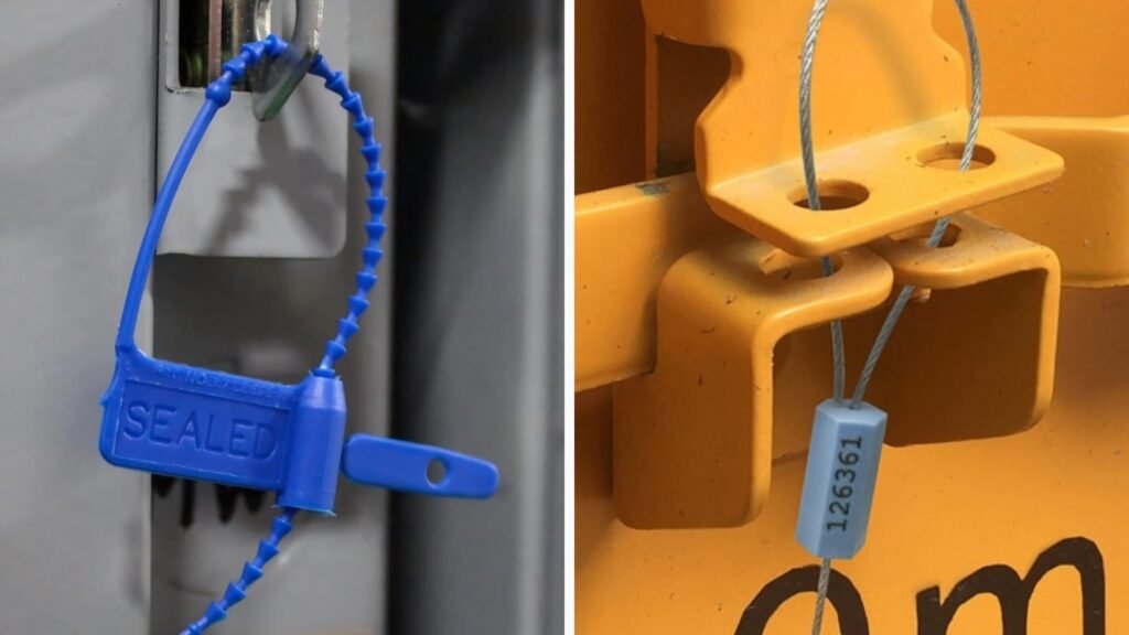 An image showing a plastic pull-tight seal on an evidence box inside a van, while a heavy-duty cable seal is shown on the van's exterior door latch.