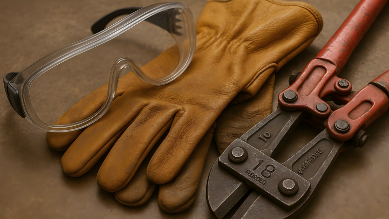  A close-up shot of safety goggles and thick leather work gloves lying next to a pair of bolt cutters.