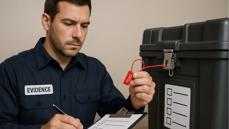 An evidence custodian holding a security seal and a clipboard, referencing a checklist before applying the seal to a transport container.