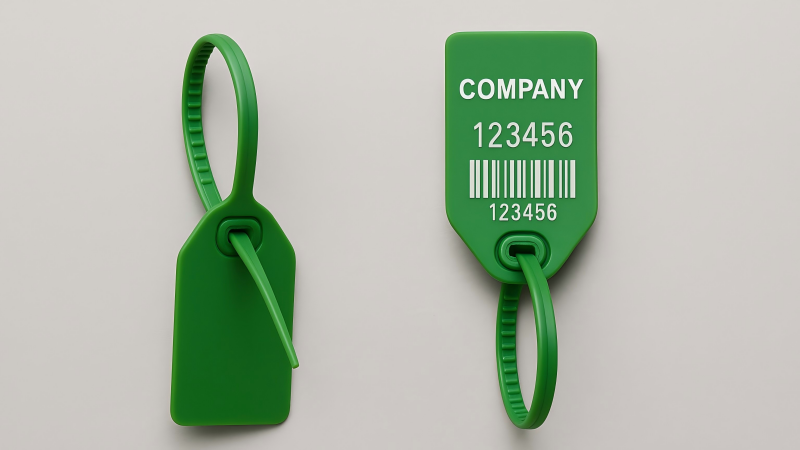 A split image showing a plain, generic green plastic seal on the left, and a green seal with a clear company logo, unique serial number, and barcode on the right.