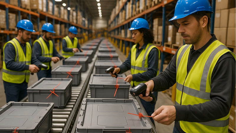 A busy warehouse scene with workers scanning indicative seals on plastic totes moving quickly through a conveyor system.