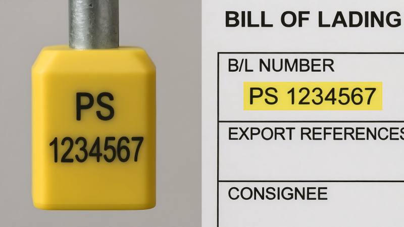  showing a close-up of a bolt seal's number (e.g., PS 1234567) next to a section of a Bill of Lading with the same number highlighted.
