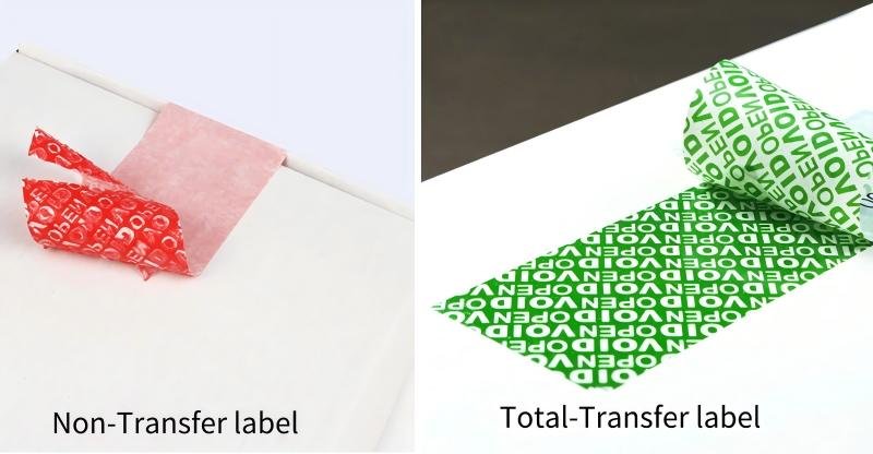A split image showing a Total-Transfer label leaving residue on a box, and a Non-Transfer label with the VOID message visible on the removed label