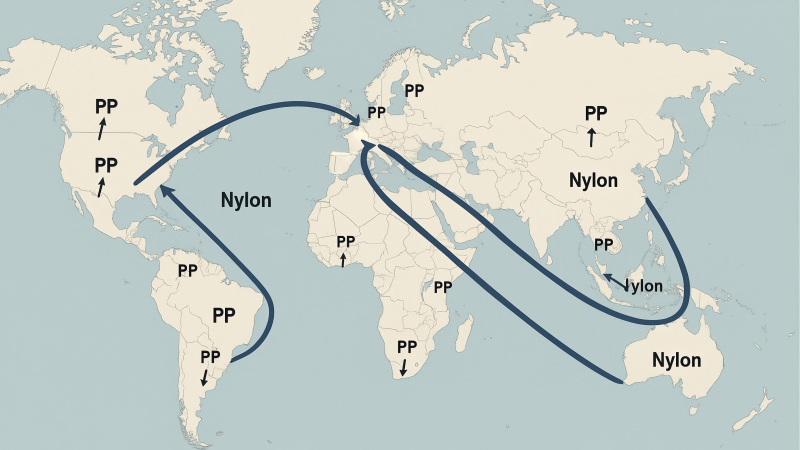 A world map with arrows showing short domestic routes labeled "PP" and long international sea/air routes labeled "Nylon.