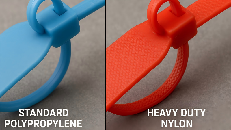 A split-screen image showing a standard polypropylene seal on the left and a heavy-duty nylon security seal on the right, highlighting their different textures.