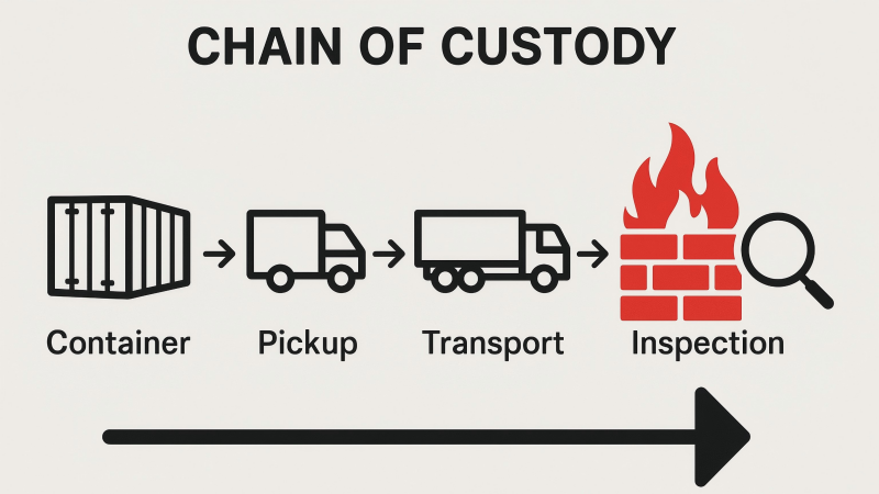 showing a "chain of custody" for a container, with the final inspection point highlighted as a firewall before acceptance.
