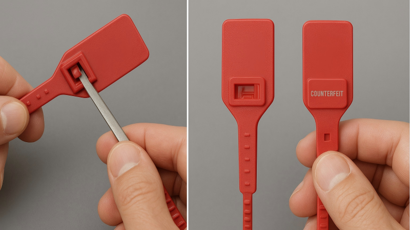 Side-by-side images showing a tool trying to shim a pull-tight seal's lock vs. a thief holding a counterfeit fixed-length seal next to the real one.