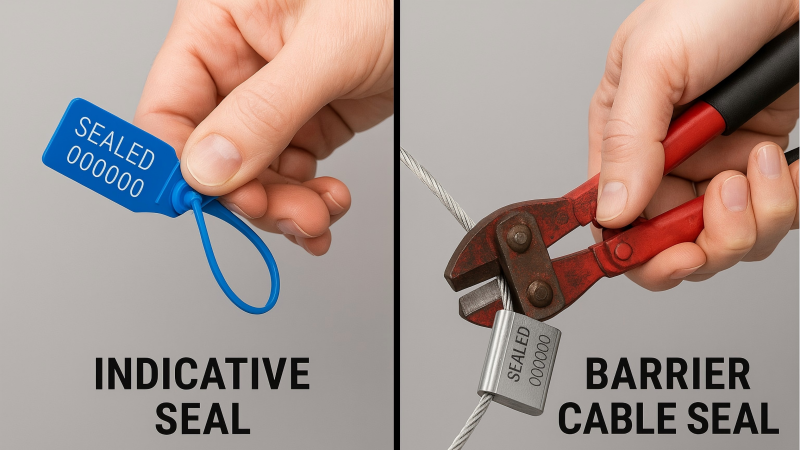 An image showing a hand easily snapping an indicative seal, while another image shows a hand needing bolt cutters for a barrier seal.