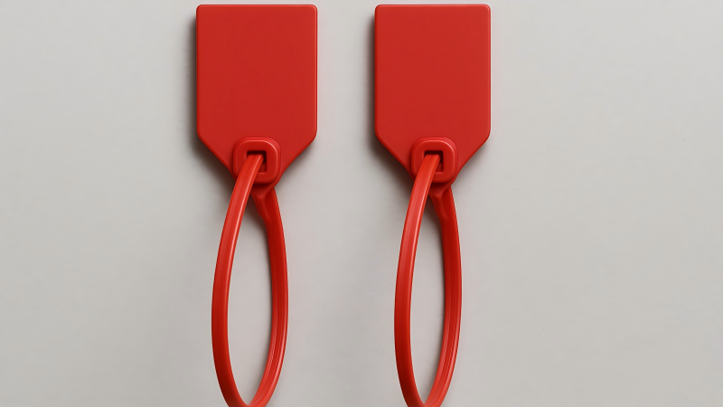 A close-up on two identical-looking, un-serialized red plastic seals lying side-by-side, suggesting one could easily replace the other.