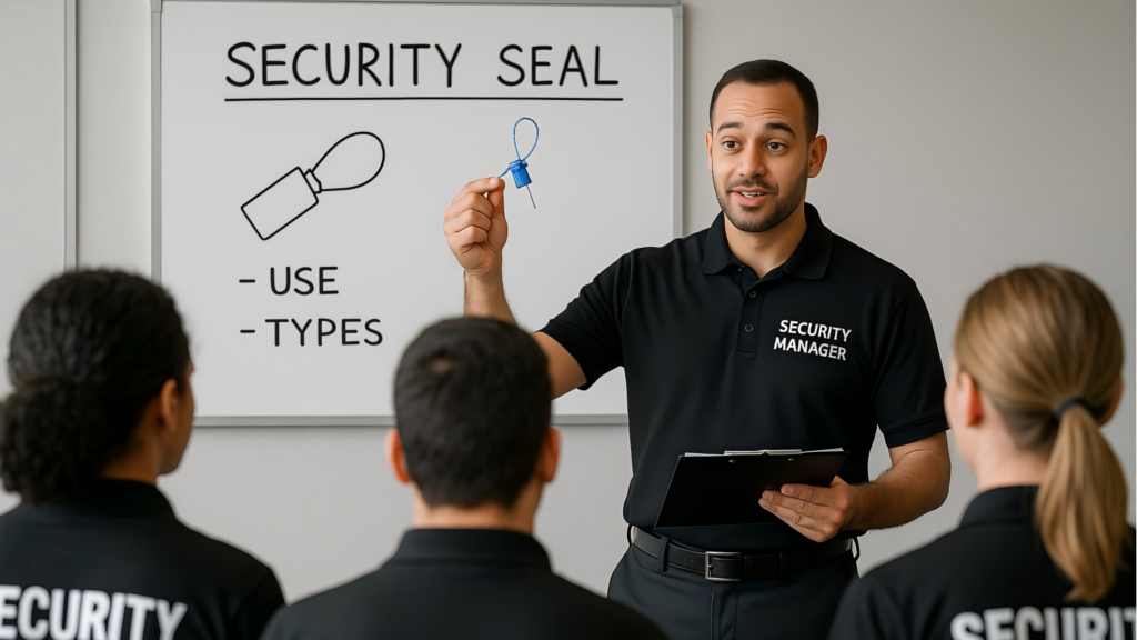 A security manager leading a training session for staff, pointing to a chart that shows common security protocol mistakes.