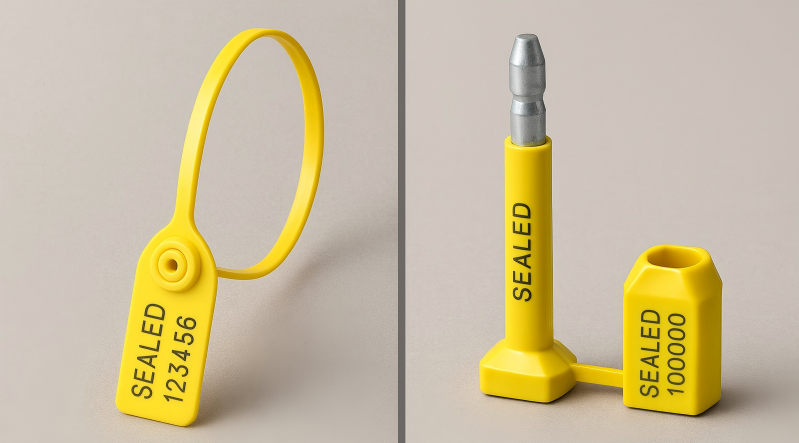 A split image showing a simple plastic indicative seal on one side and a heavy-duty bolt seal on the other