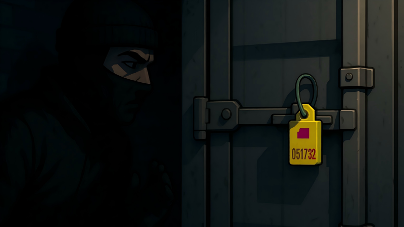A thief in the shadows looking at a container with a brightly colored, uniquely numbered seal and deciding to move on