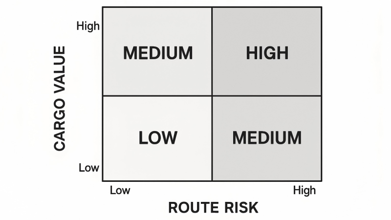 A simple 2x2 matrix chart showing cargo value on one axis and route risk on the other, with recommended security levels in each quadrant