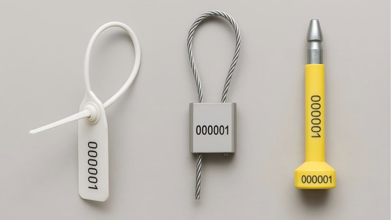 A photo showing a plastic seal, a cable seal, and a bolt seal laid out side-by-side for comparison