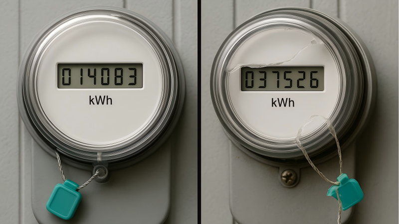 showing a pristine, sealed meter on the left, and a meter with a broken, dangling seal on the right, clearly showing evidence of tampering